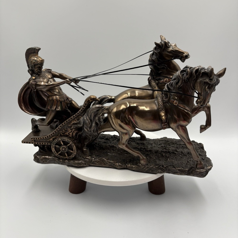 Roman Chariot Pulled by two Horses Cold Cast Bronze & Resin Statue 11"x7"